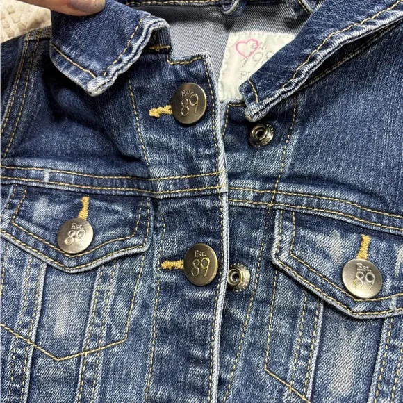 The Children's Place Blue Denim Jacket with Pink, Green & Brown Striped Dress - Picture 3 of 13